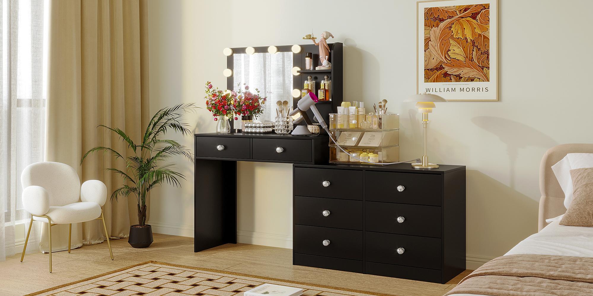 【Black Friday】VOWNER Makeup vanity mirror and Lights & Power Outlet, 8 Drawers, Makeup Vanity Table with 2 Shelves,White dressing table Furniture Storage