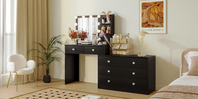 【Black Friday】VOWNER Makeup vanity mirror and Lights & Power Outlet, 8 Drawers, Makeup Vanity Table with 2 Shelves,White dressing table Furniture Storage