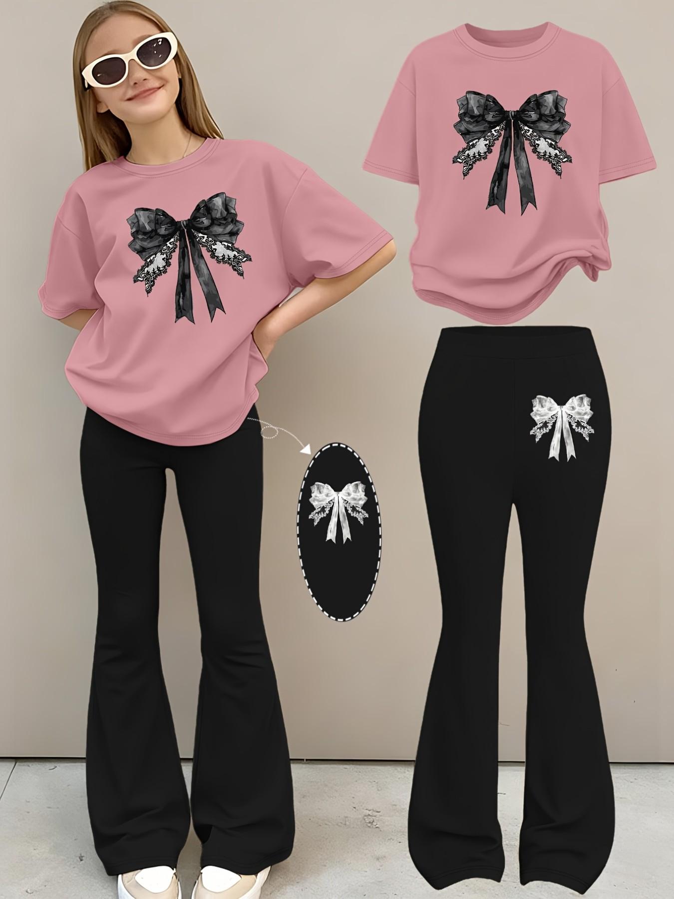 2pcs Girls' Summer Fashion Print Drop Shoulder Short Sleeve T-Shirt + Elastic Bell Pants Set, Comfortable Soft Sweat Absorbing Round Neck T-Shirt + Casual Bell Pants