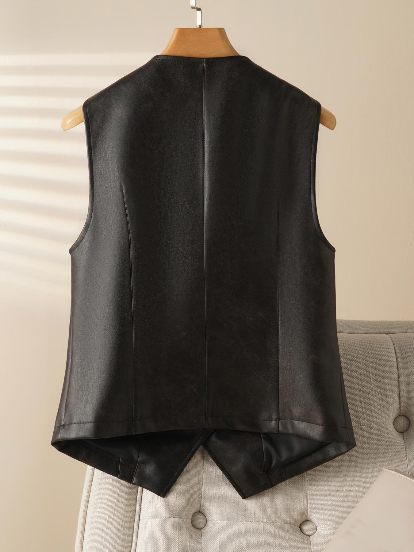 Women's PU Leather Vest Top, Single Button Front, Sleeveless V Neck, Casual Fitted Style, Spring & Fall Fashion, Moderate Fabric Thickness, Casual Comfy Vests