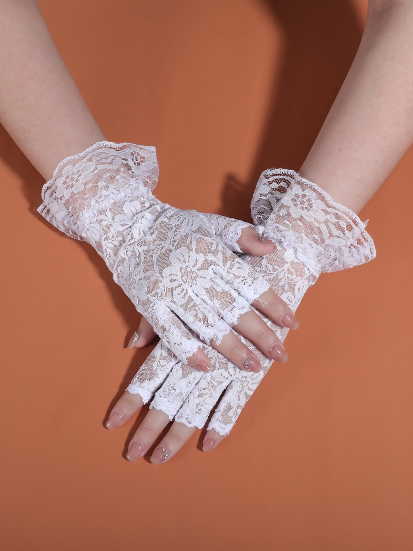 Women's Lace Fingerless Gloves, Elegant Vintage Floral Lace Ballroom Gloves, Tea Party Costume Gloves, Thin Sheer Wrist Gloves