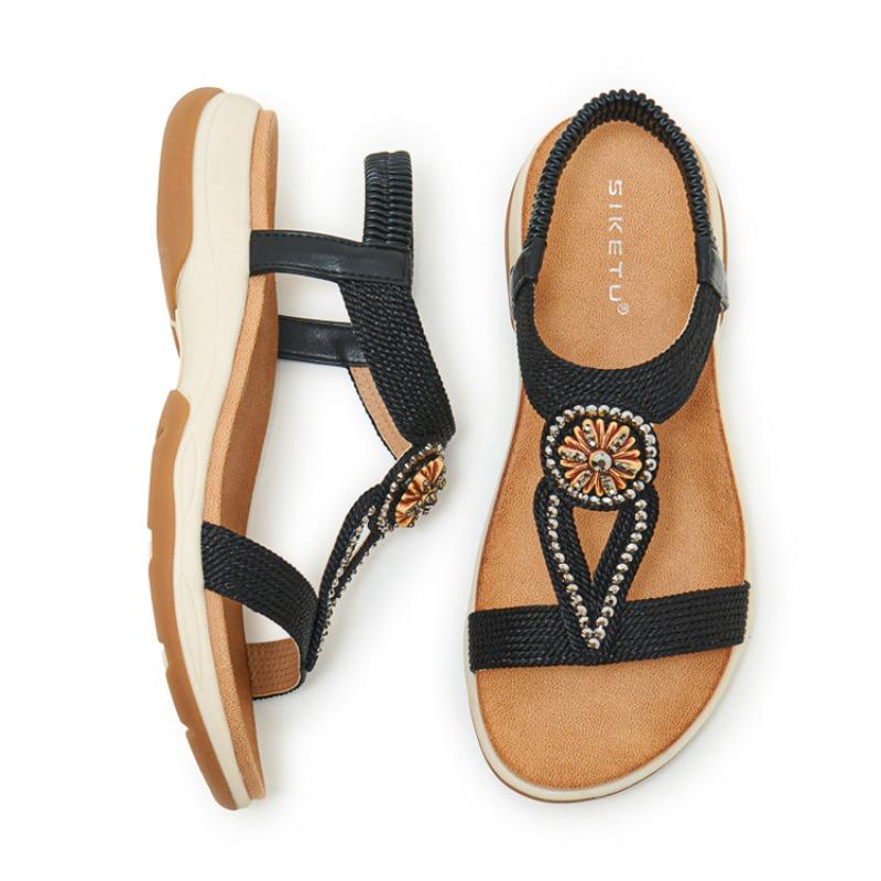 Women’s Boho Beaded T-Strap Sandals, Elastic Slingback Non-Slip TPR Soft Platform Summer Daily Beach Sandals