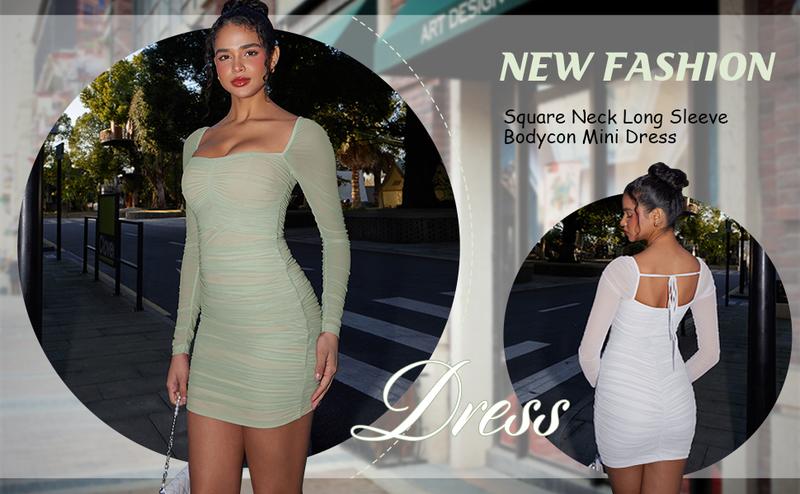 OYV Women's Sexy Mesh Square Neck Long Sleeve Ruched Bodycon Party Club Mini Dress