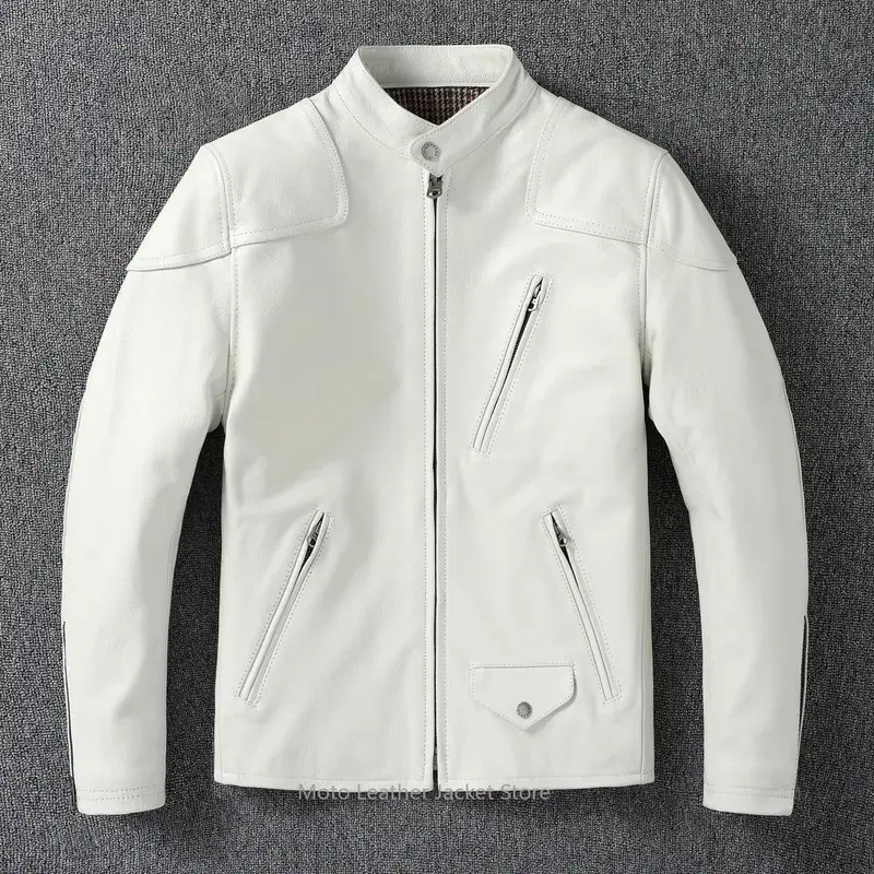 Men's White Venom Style Real Leather Jacket Slim Fit Short Stand Collar First Layer Cowhide Genuine Leather Biker Casual Coat