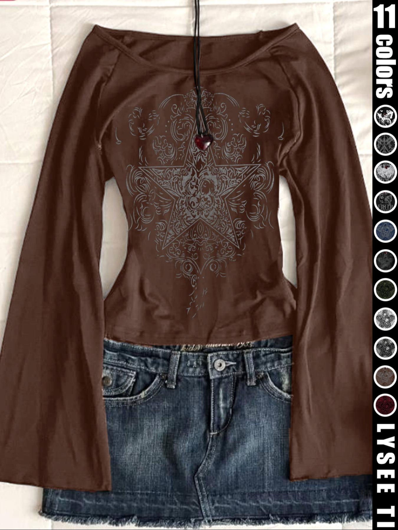 Fashion and casual Y2K women's Fitted five pointed star printed round neck flared sleeve top