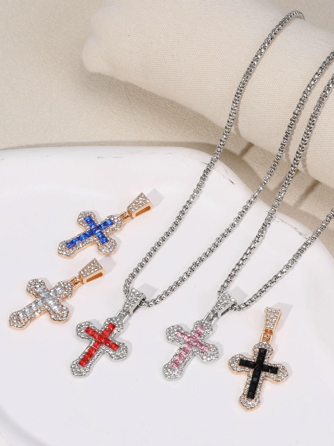 Cross Necklace Hip Hop Style Zircon Pendant Jewelry, Titanium Steel Versatile Chain, Full Diamond Inlay, Multi-Color Options, Fade-Resistant