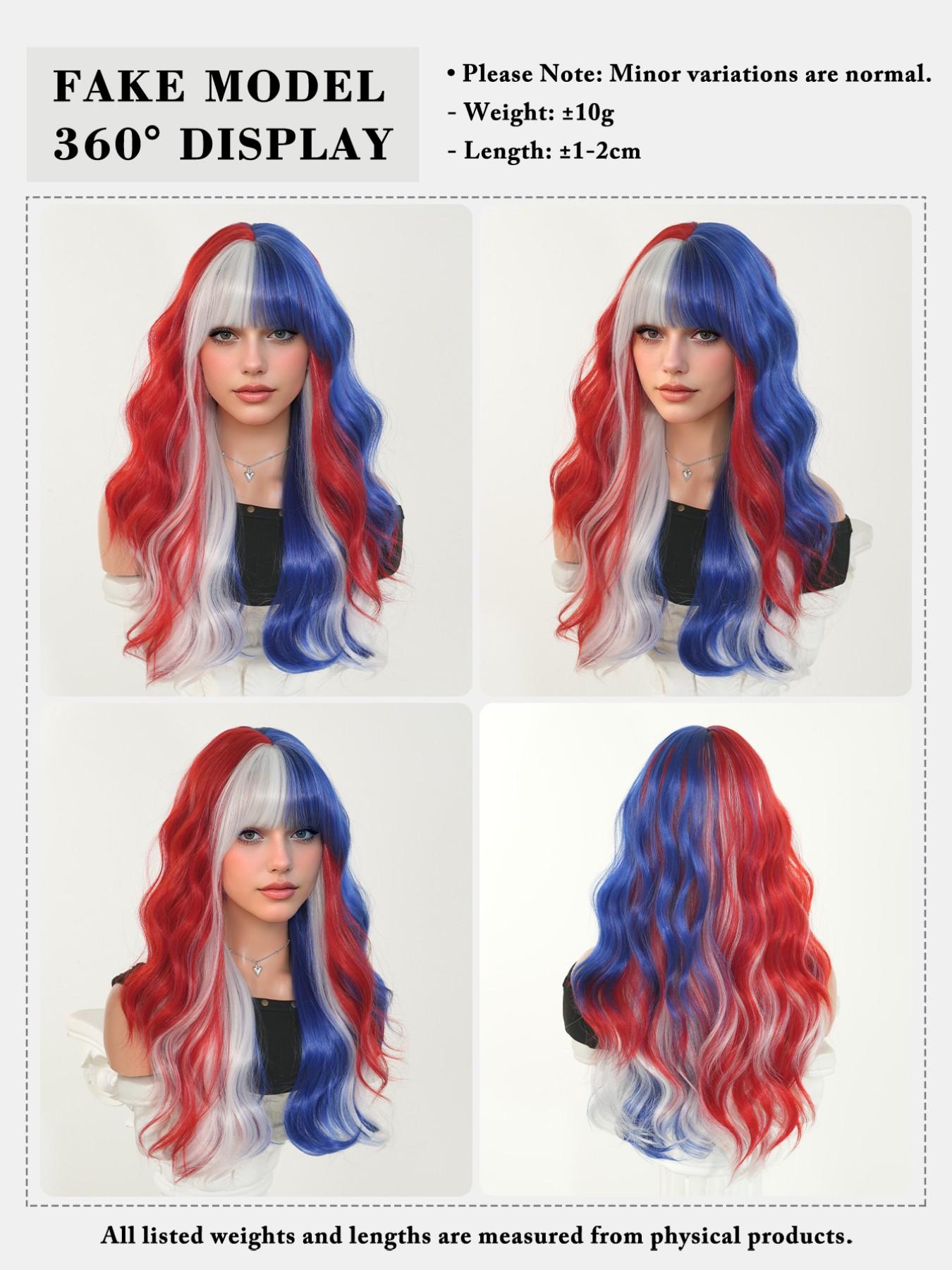 Red White & Blue Wigs for Women 22 Inch Medium Length Wavy Curly Wig with Bangs Synthetic Heat Resistant Wig for festival Fan Zone Support