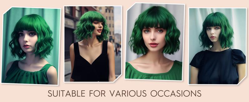 BESTUNG Short Green Wigs for Women Green Wavy Bob Wig with Bangs Medium Length Synthetic Hair Water Wave Dark Roots Wig Gray Colorful Wigs（12inch）