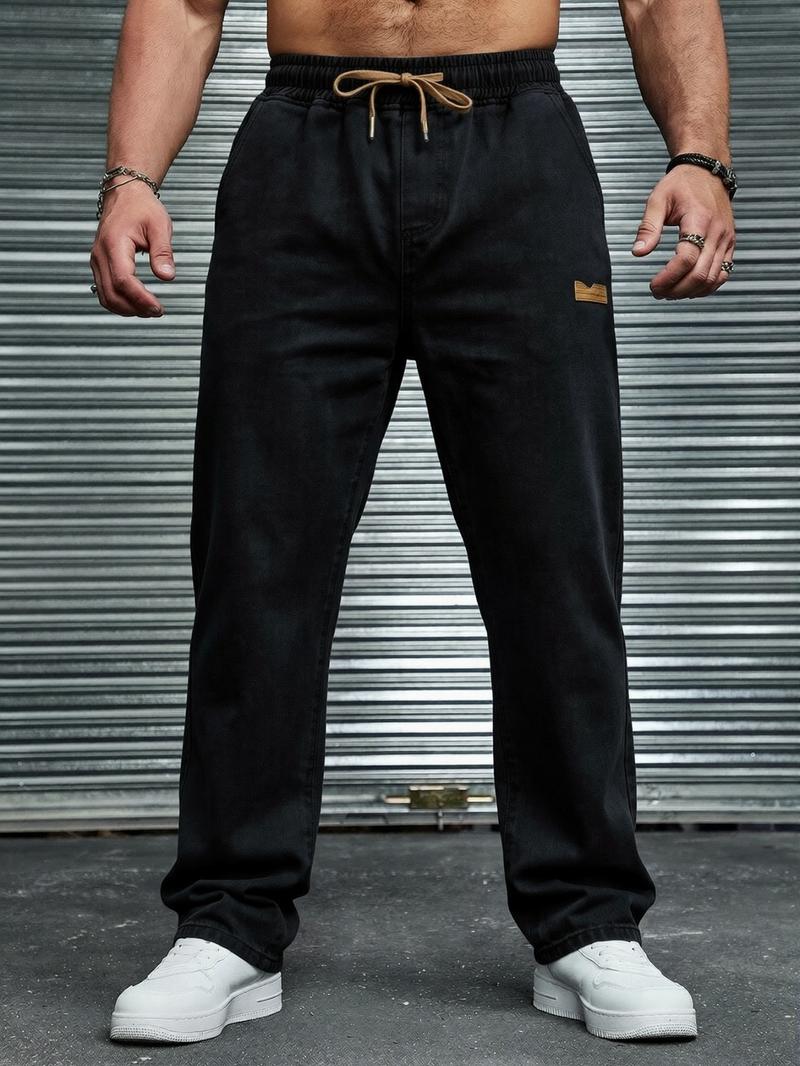 Men's drawstring elastic waist straight-leg jeans, non-stretchy denim long pants, comfortable straight-leg fit, suitable for daily casual wear, a must-have trendy men's long pants 🔥
