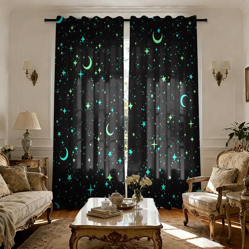2 pieces of star-patterned curtains, made of polyester with semi-transparent texture, machine washable, suitable for bedrooms, living rooms and home decoration.