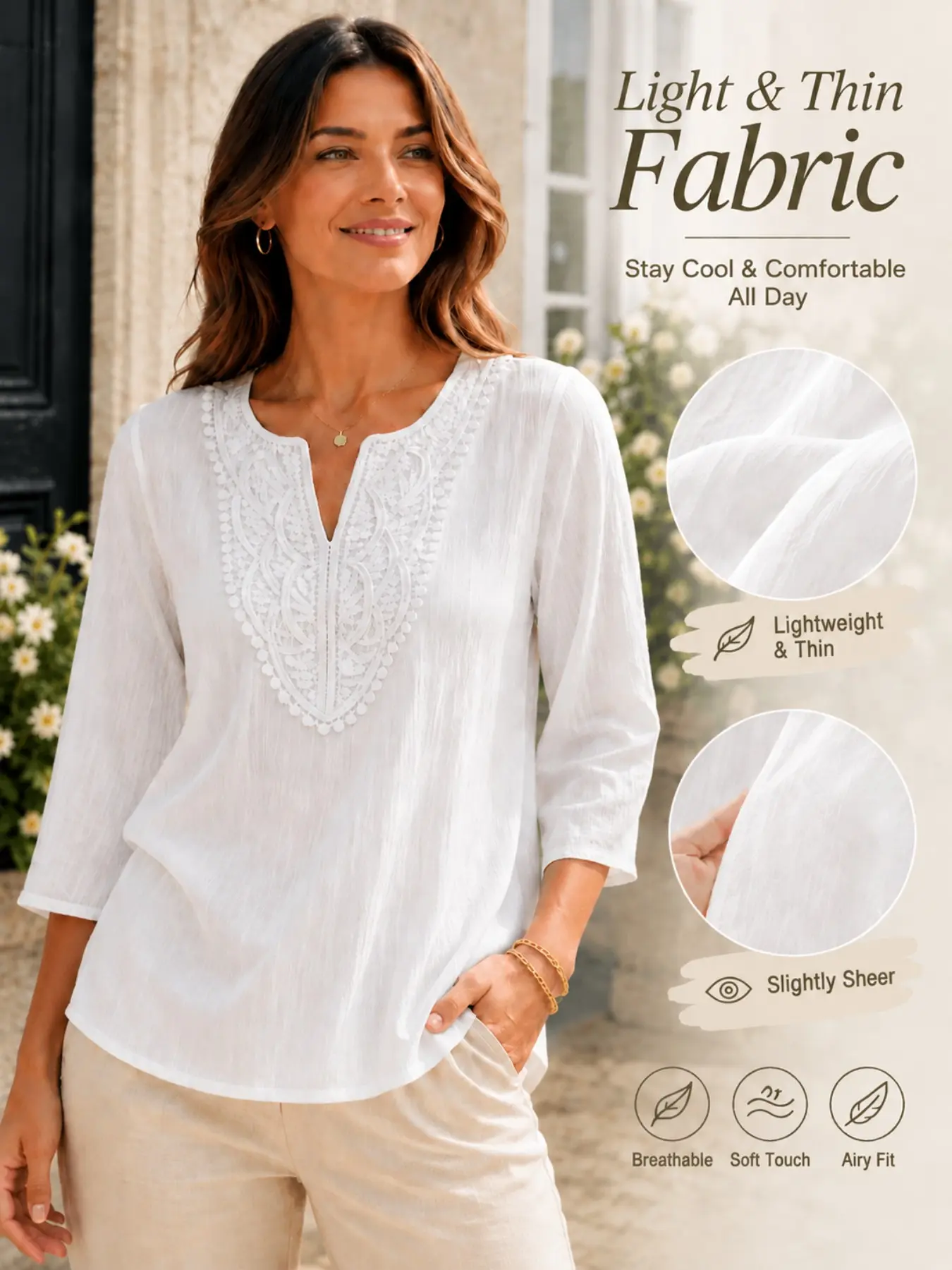 Elegant Hollow Embroidery V-Neck Shirt, Fitted Casual Vacation Textured Top, Versatile Women's Blouse