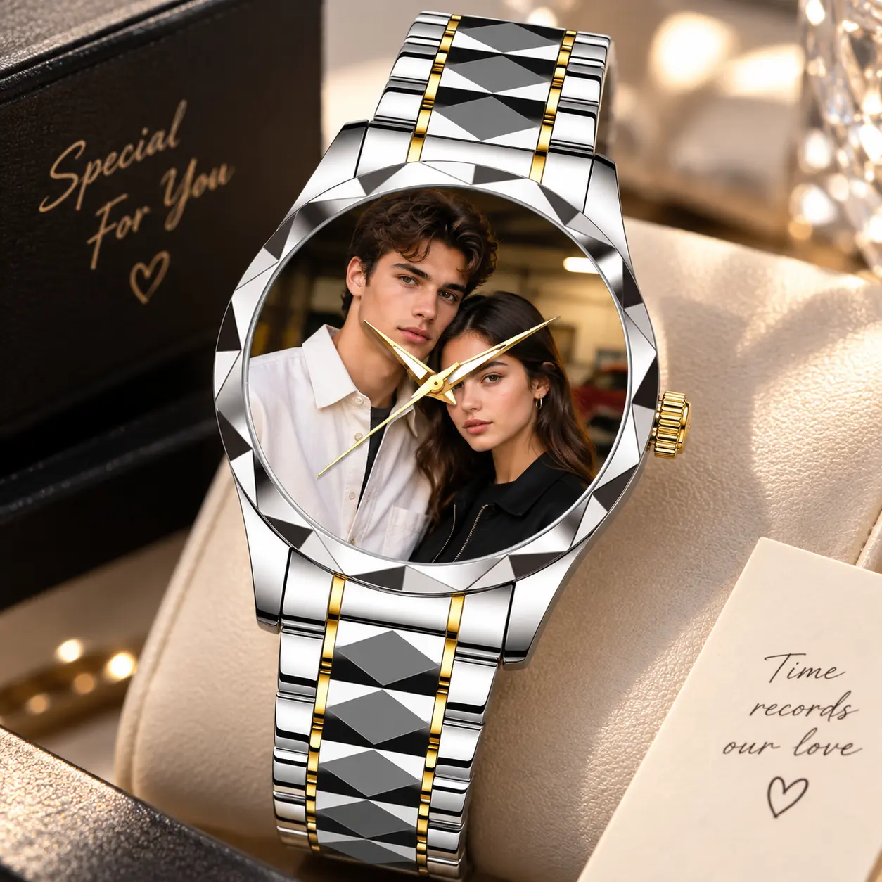 Personalized Photo Watch for Men, Custom Picture Dial Stainless Steel Wristwatch, Two-Tone Luxury Style, Anniversary Birthday Gift for Him
