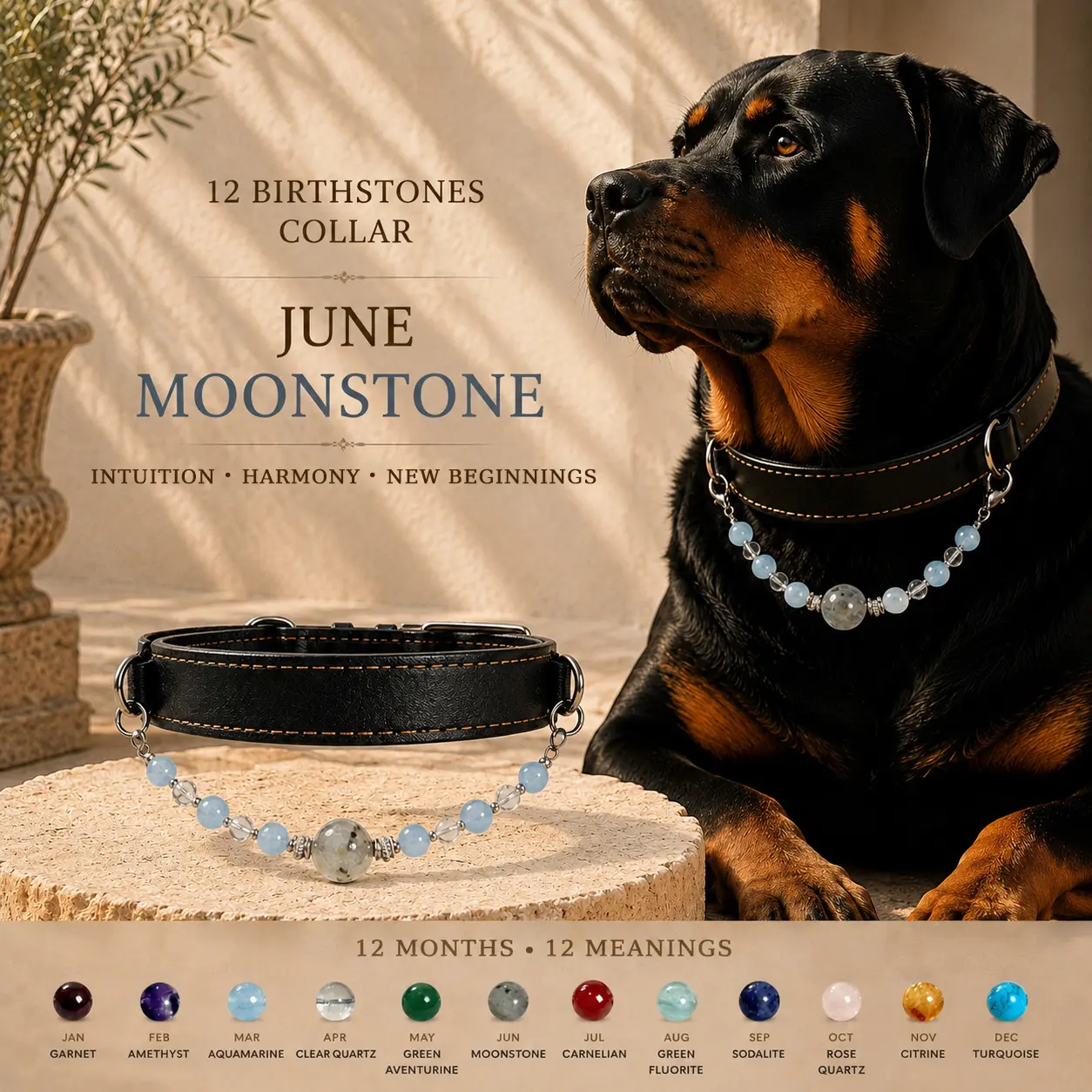 Non-Natural Crystal Pet Collar Necklace - June Birthstone Moonstone, Gift Idea, Multi-Size Crystal Chain for Puppies & Kitties