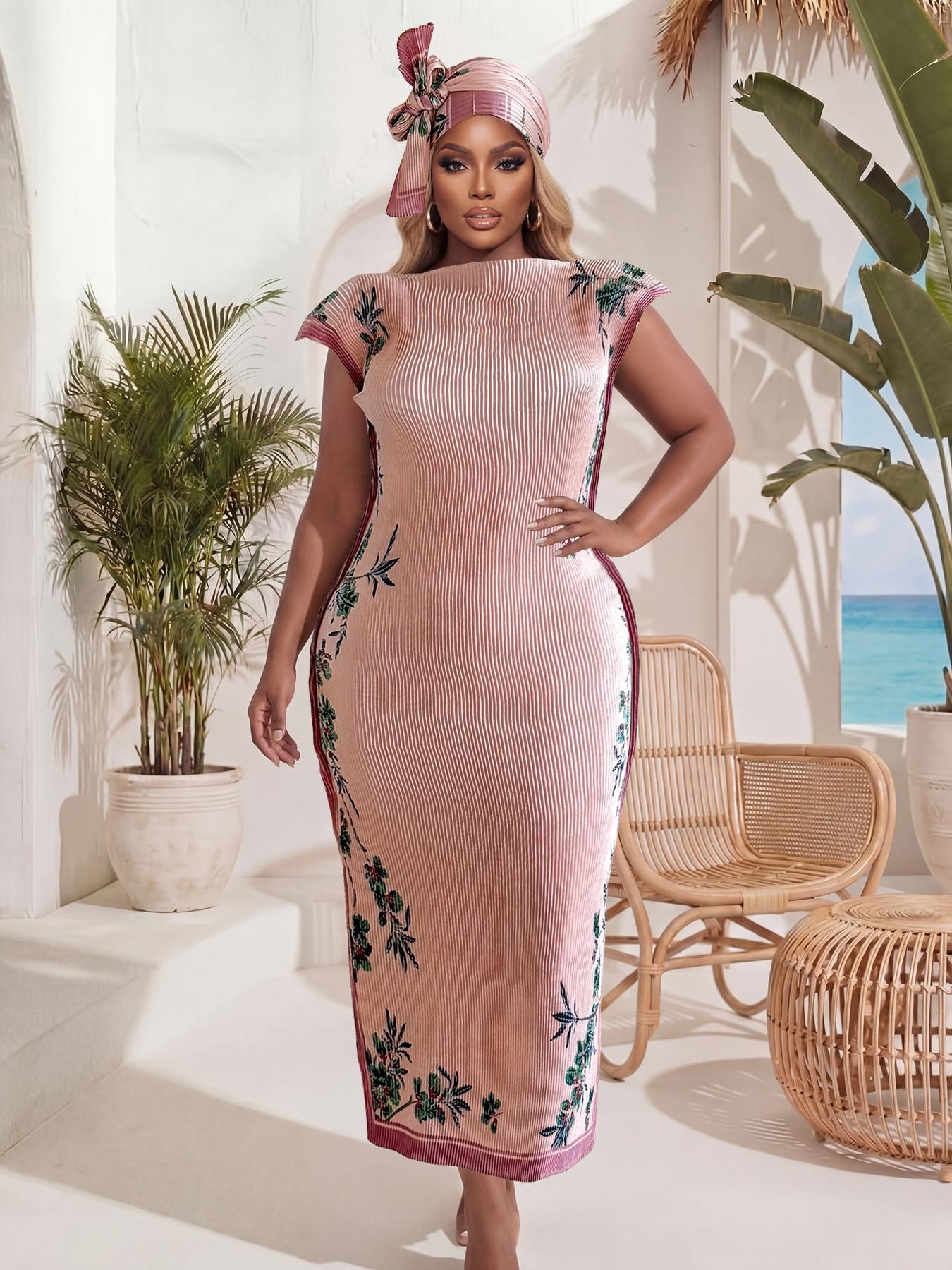 Elegant Ruffled Slim Fit Long Dress Set, Floral Print Shawl Scarf + Silk Ribbon, Women's Beach Sun Protection Wrap, All Seasons