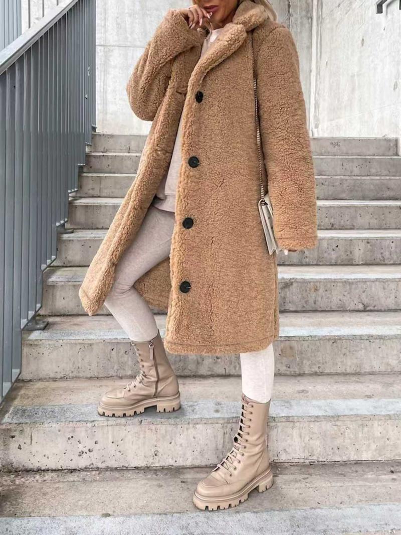 Women's Faux Fur Long Sleeve Lapel Coat, Plush Lined Overcoat, Casual Fashion Outerwear for Fall & Winter, Ladies' Warm Jacket