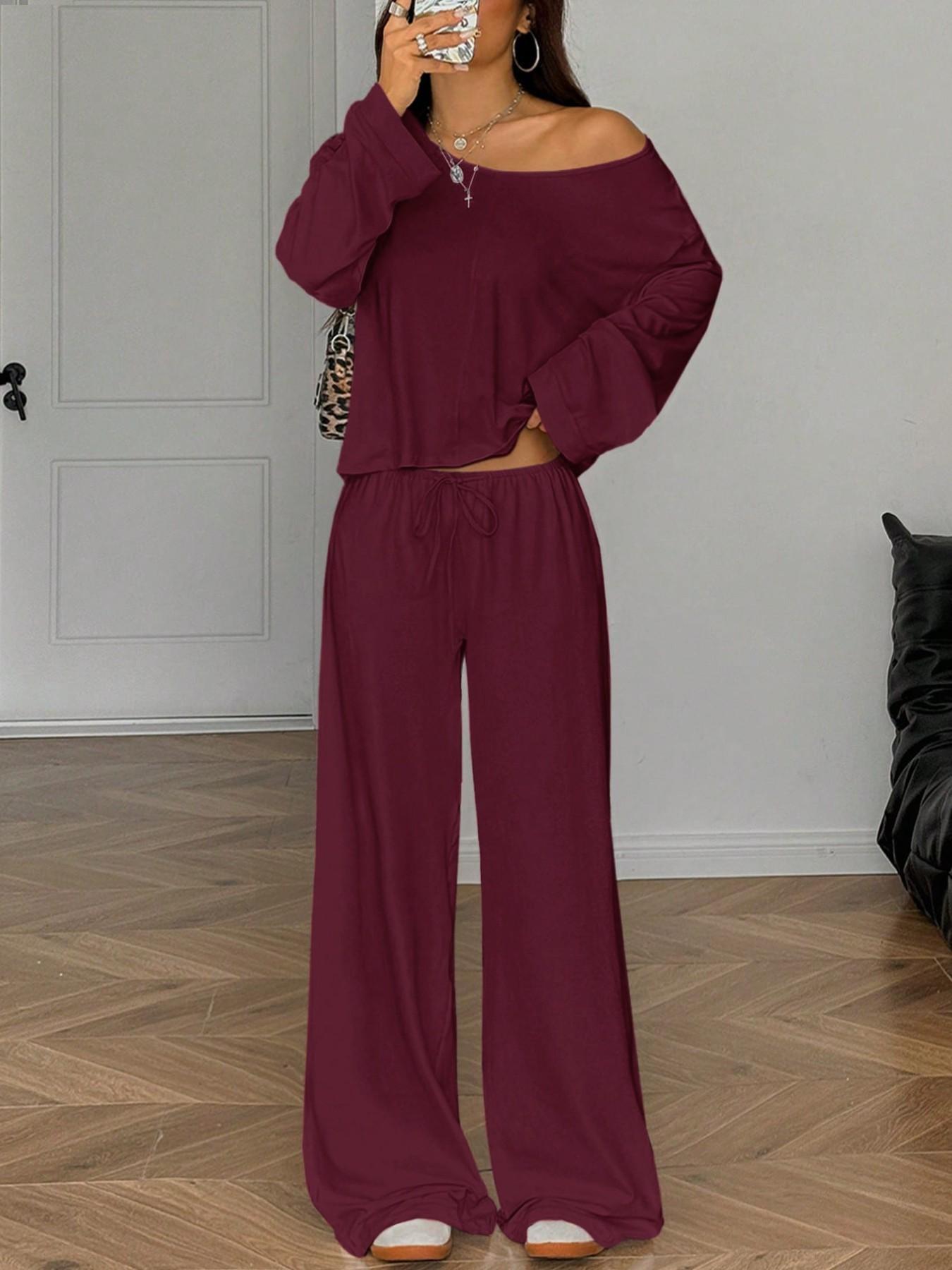 French Minimal Chic Cold Shoulder Cutout Two Piece Set, Summer Casual Loose Cropped Top & High Waist Adjustable Drawstring Trousers, Figure-Flattering Loungewear