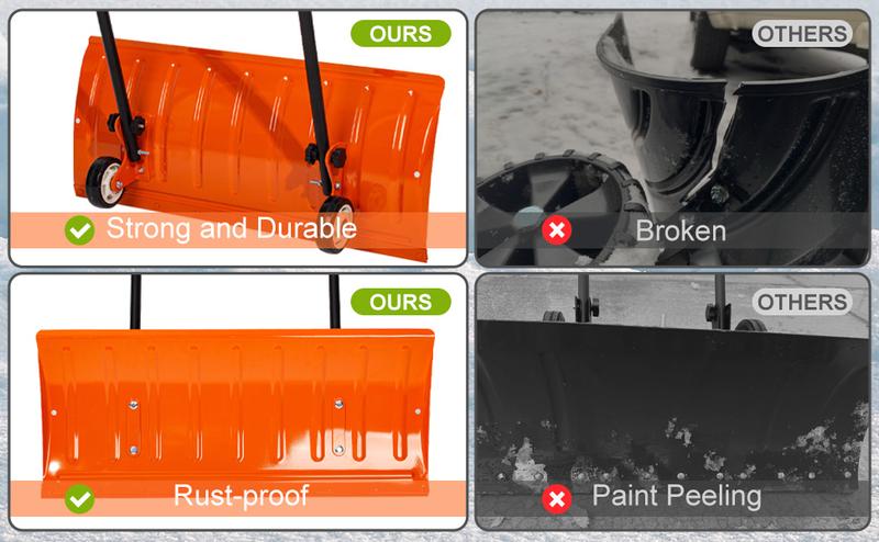 Walensee 30 Inch Metal Snow Shovel with Wheels for Driveway, Large Blade for Efficient Snow Removal, U-Shaped Handle,Heavy Duty Wheeled Metal Snow Pusher Shovels, Back Saver Snow Plow for Doorway