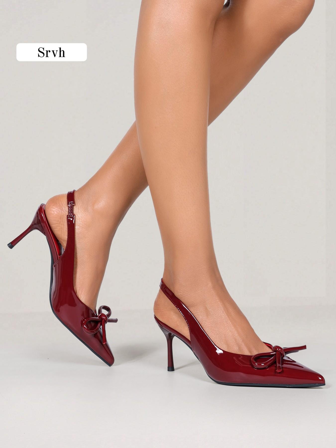 Women's Bow Pointed Toe Slingback Pumps, Glossy Patent Leather Stiletto Heels, French Vintage Day-to-Night Dress Shoes for Work, Valentine's Day, Dates, Parties & Proms