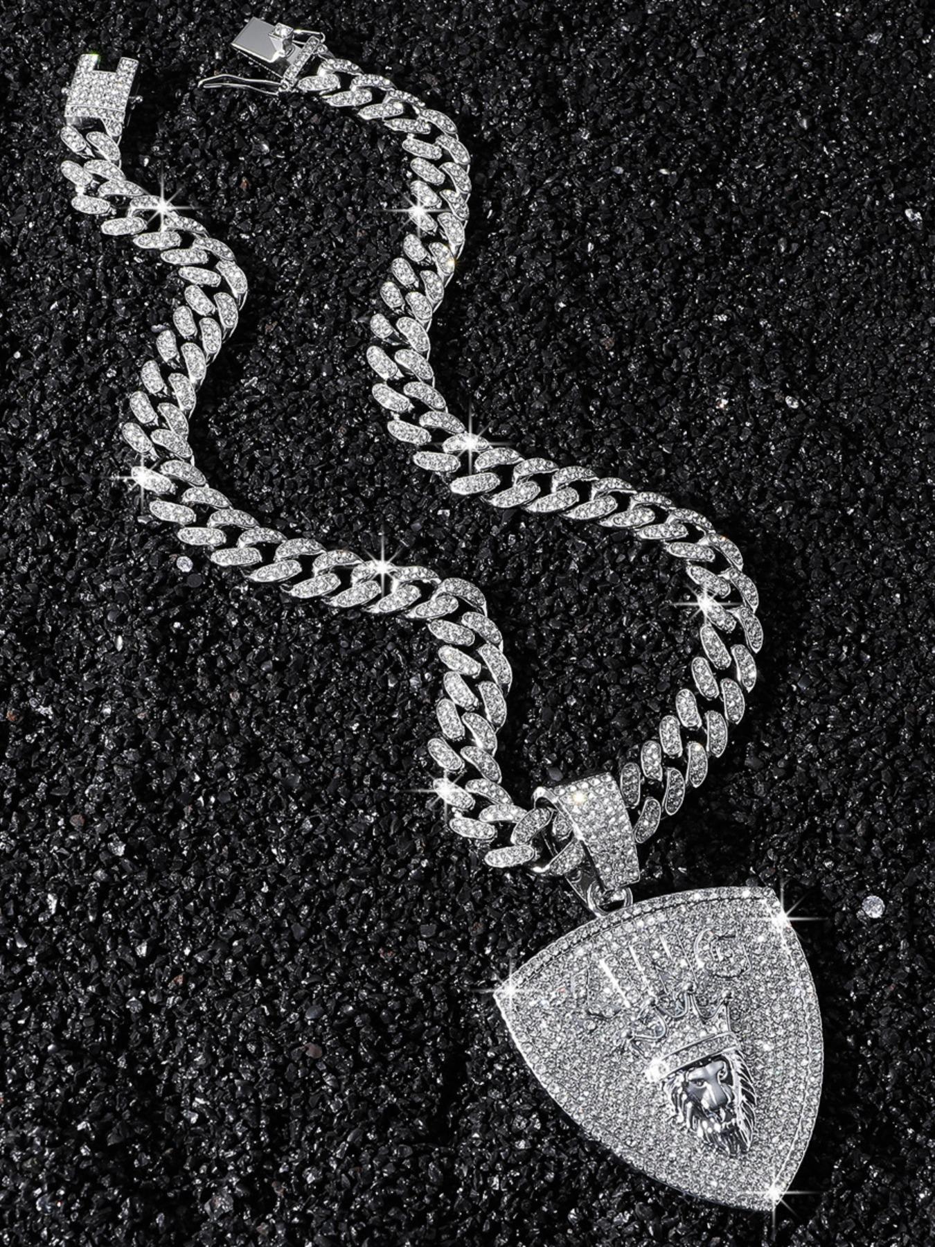Luxury Full Diamond Crown Lion Shield Pendant, Men's Hip Hop Cuban Link Design Chain Accessory, Street Style Necklace, All Seasons Wear