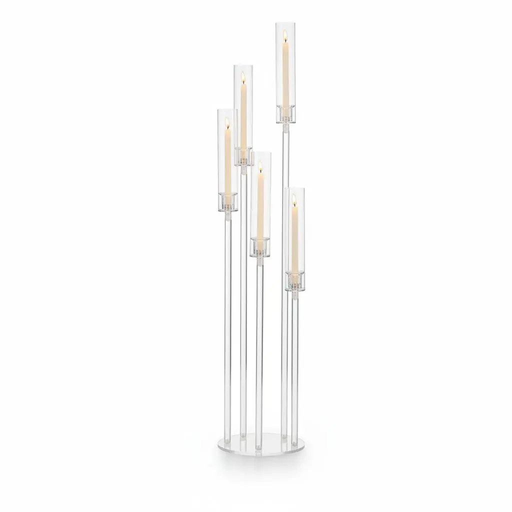 Elegant 45.7in 5-Arm Clear Acrylic Candelabra Centerpiece with Shade – Tall Candle Holder for Floor or Table – Perfect for Weddings, Parties, Home Decor – Fits 0.8in LED Candles (Candles Not Included)