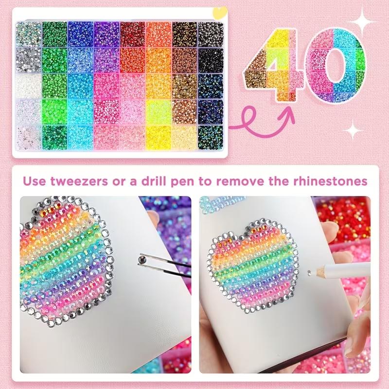 40000pcs 40 Color Jelly Rhinestone Decoration Set, 3mm Multi-Color Resin Flatback Gems, Includes Dedicated Pick-Up Tool,Fusion Bead Set，Suitable for DIY Crafts, Diamond Painting, Nail Art, etc., Sparkling Decoration Set