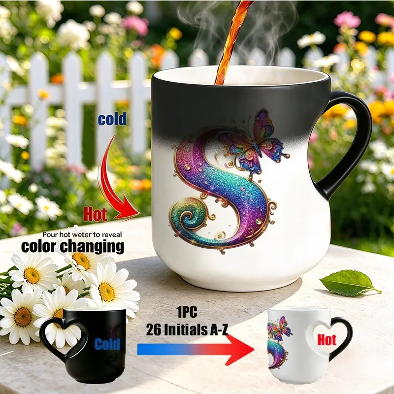 Magic Heat‑Sensitive Color Changing Mug, Heart‑Shaped Hollow Handle Ceramic Coffee Cup, Rainbow Glitter Butterfly Initial Letter A-Z Design, Heat Reveal Discoloration Tea Mug, Romantic Birthday Holiday Gift for Women Girls, Creative Mugs
