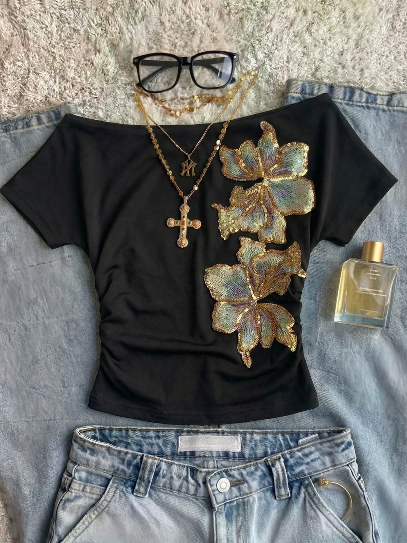 Off-Shoulder Short Sleeve Top, Sequin Floral Embroidery, Women's Slim Fit Waist Ruched T-Shirt, Retro Millennial Casual Style, Soft Stretch Fabric, Streetwear, Casual Tee Tops