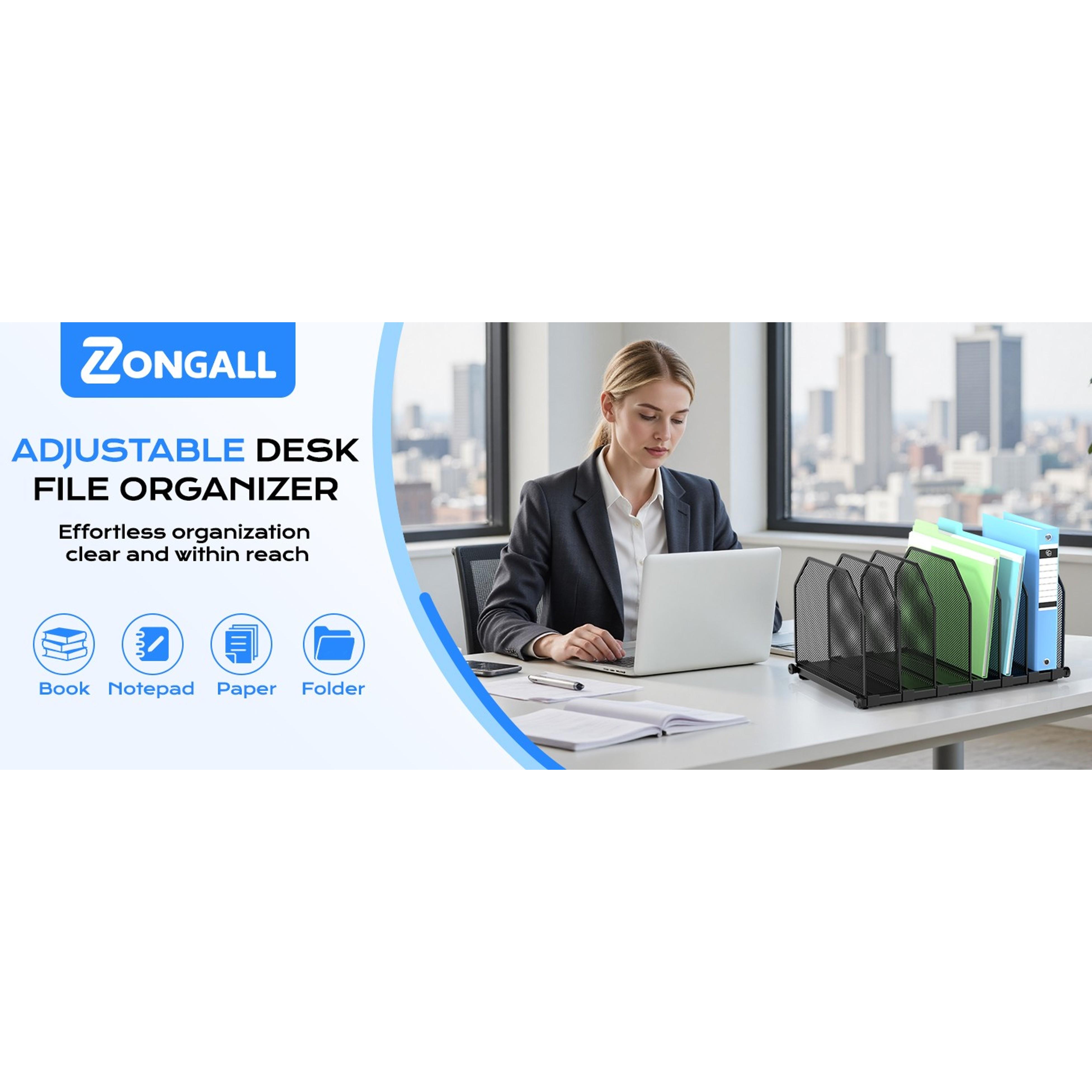 Adjustable File Organizer for Desk, 6 Sections Vertical File Folder Holders Desktop Binder Organizer, Mesh Desk Organizer File Sorter for Home Office ClassroomGift