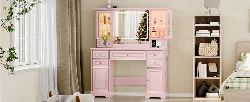 Led Light Vanity,Adjustable Lighting Makeup Vanity Set，Farmhouse Vanity Desk with Mirror and Lights,Large Makeup Table Set with RGB Cabinets,6 Drawers and Storage Shelves Dressing Table for Bedroom Dressing Room，