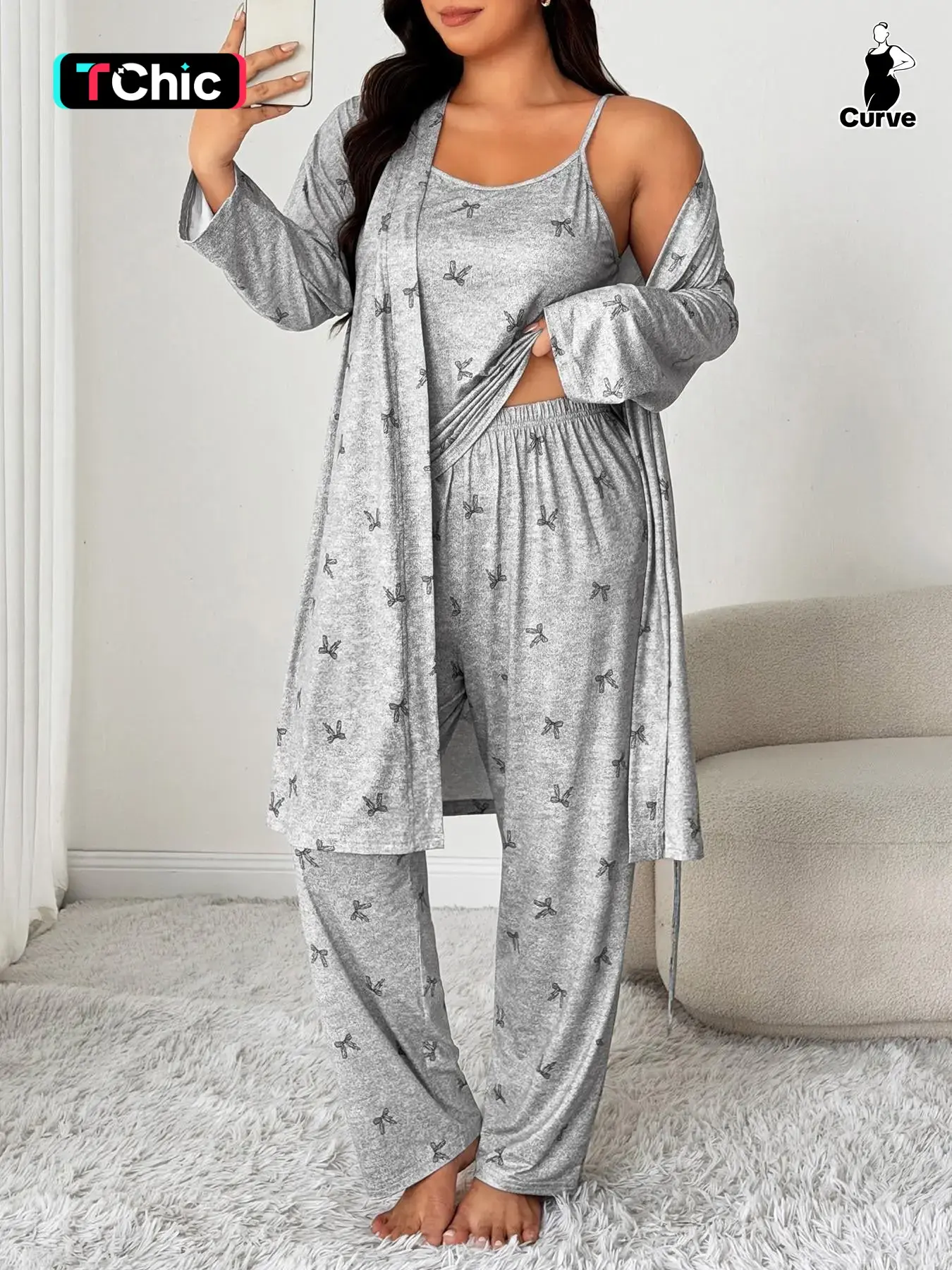 Plus Size Women's Bow Print Halter Long Pants + Floral Tie Sleep Robe 3-Piece Pajama Set, Elegant Tiered Design, Spring & Fall