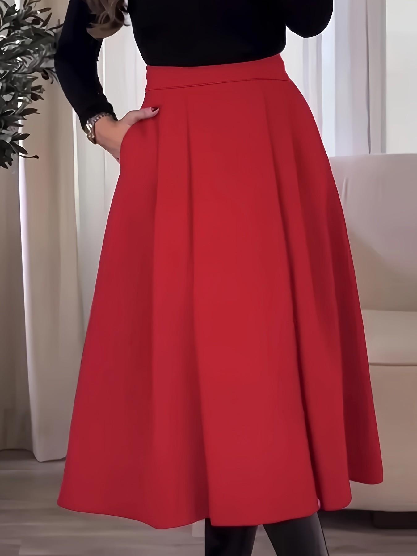 Women's High Waist A Line Midi Skirt 2026, Elegant Solid Red Swing Skirt with Belt, Casual Flared Skater Skirt, Trendy Office Workwear, Versatile Skirt for Date Night, Party, Brunch, Business Casual, Women's Chic Flowy Skirt for Spring Summer Fall