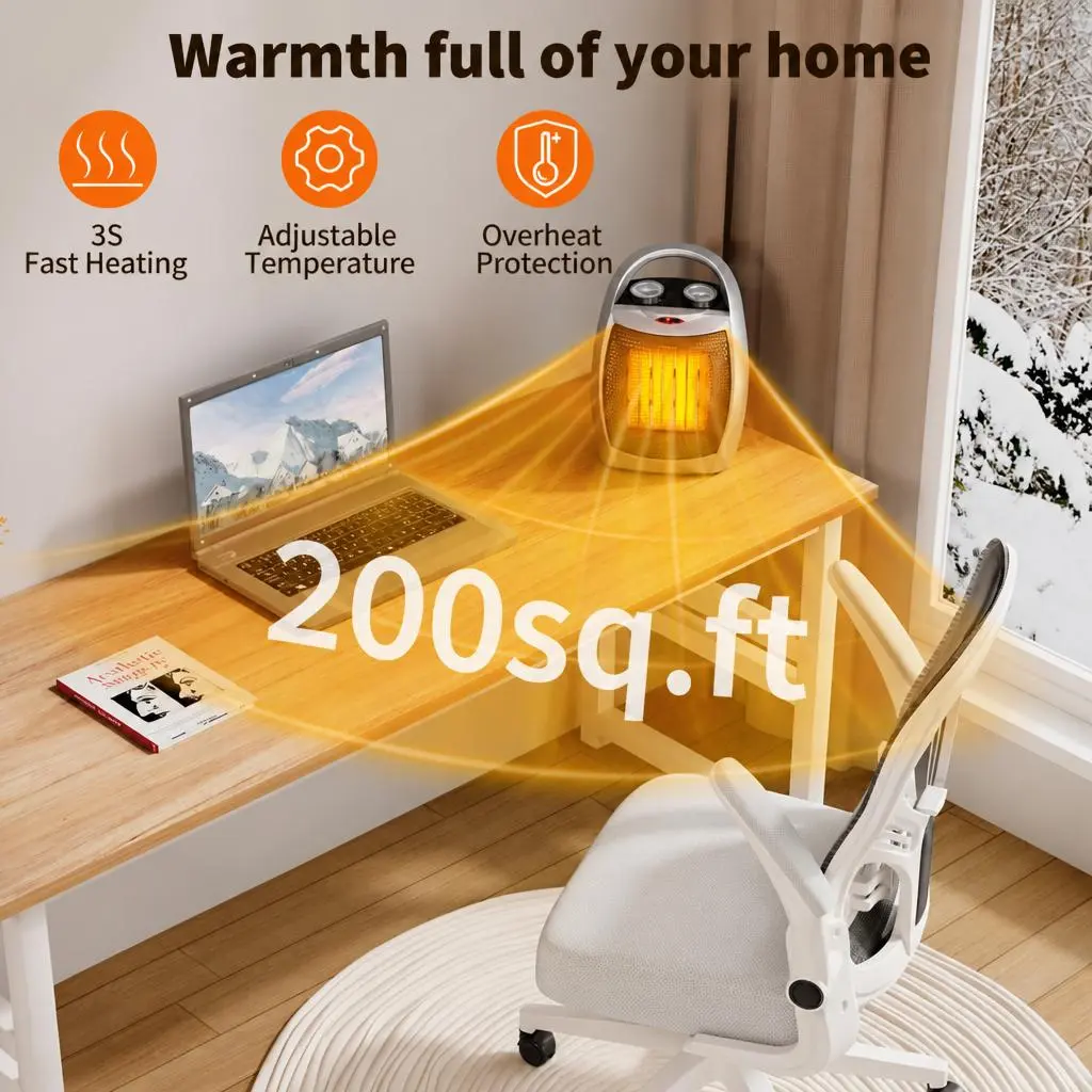 Portable Electric Space Heater - 1500W/750W Thermostat, 2-in-1 Fast Heating Ceramic Desk Heater & Fan, Safe Quiet <45 dB for Office, Room, Under Desk Use, Tip-Over Overheat Protection