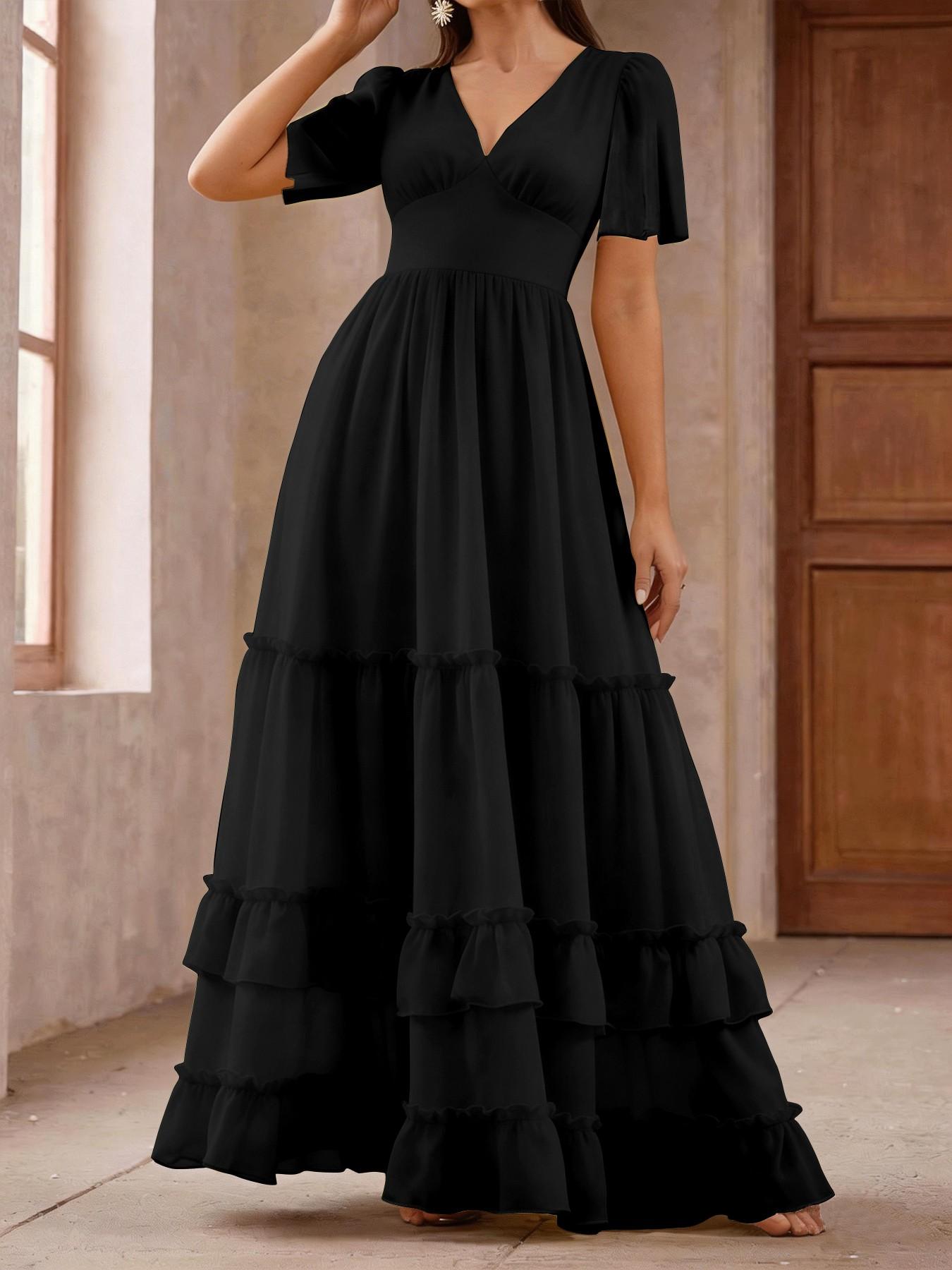 Spring Summer Dress, Cake Skirt V Neck Ruffle Long Dress, French Gentle Style, Beach Vacation, Wedding Bridesmaid Dress