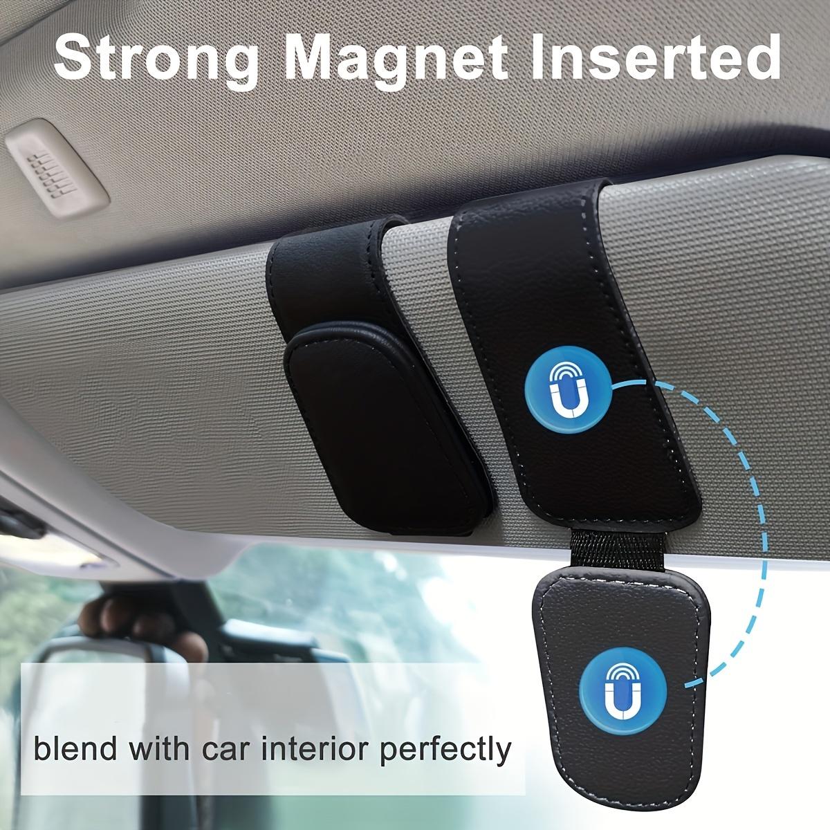 Magnetic Glasses Holder for Car Sun Visors - Synthetic Faux Leather Glasses Hanger Clip with Ticket Card Holder - Convenient for Glasses Installation