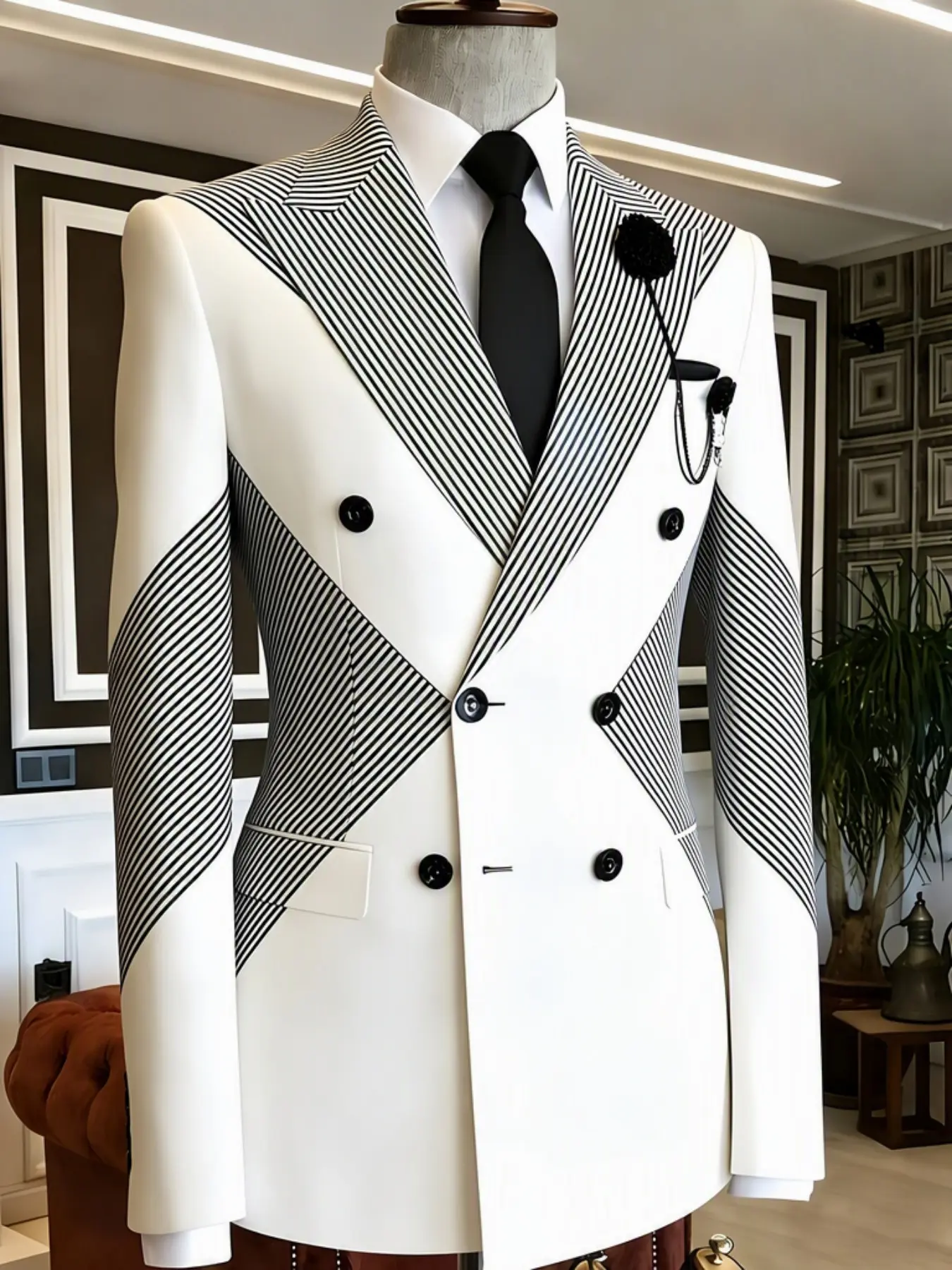 Ainwear Men Diagonal Stripe Color-Block Blazer, Double Breasted Jacket, Patchwork Design, Fitted, All Seasons, Wedding Party Outerwear