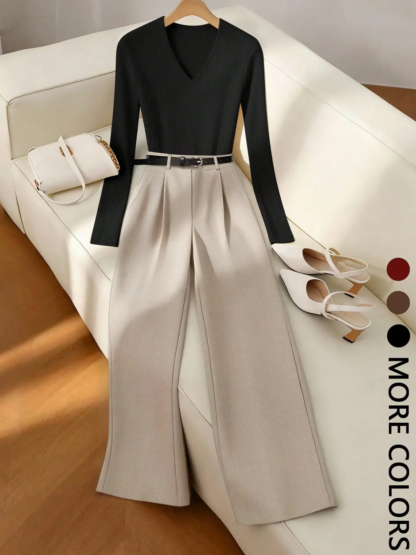 Women's Elegant V Neck Long Sleeve T-Shirt and Straight Leg Pants Set, Fall Winter Two-Piece, No Belt Included, Loose-Fitting, Outfit