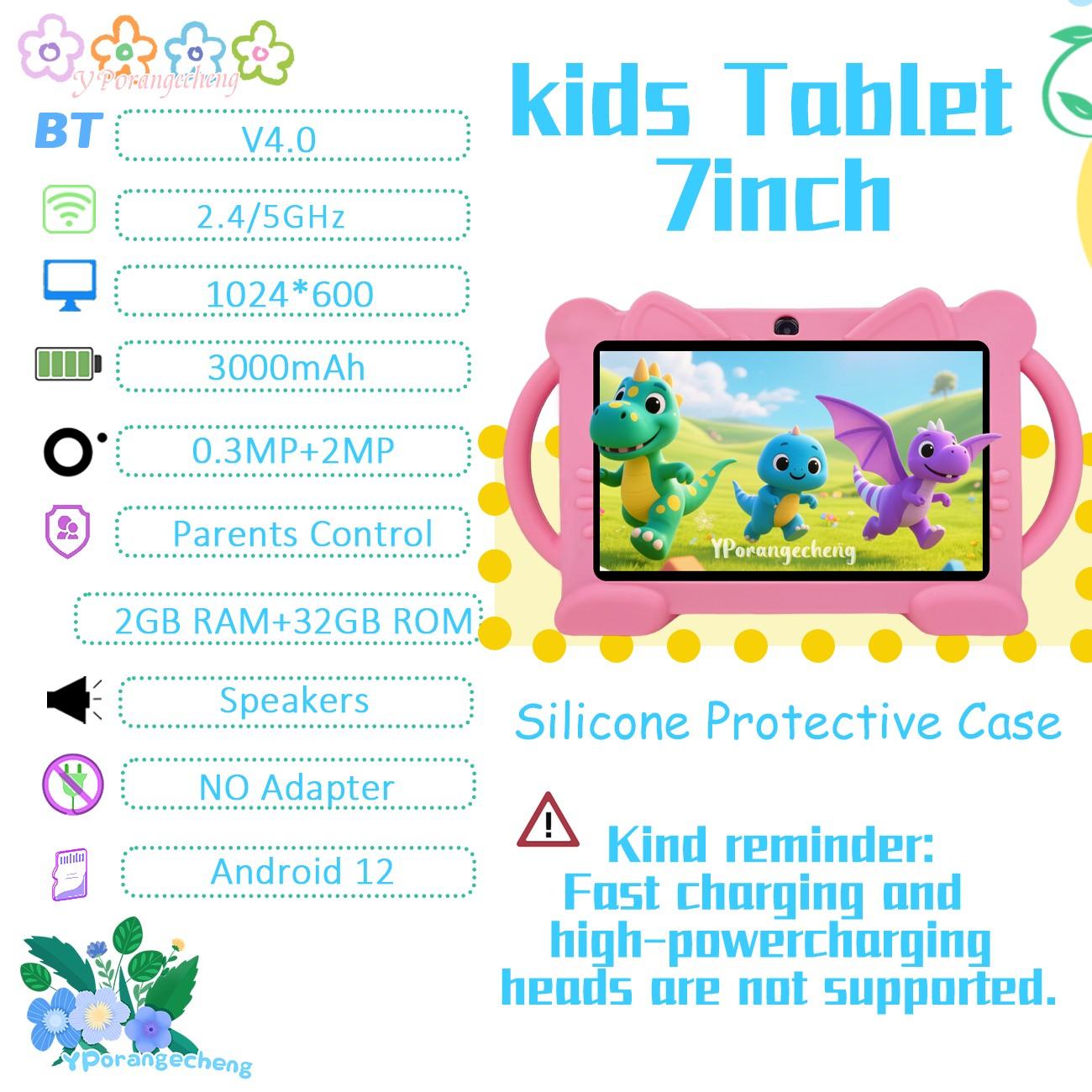 7-Inch Kids' Touchscreen Tablet, Quad-Core Android, HD Display, Dual Cameras, WiFi & Bluetooth-Compatible, Adapter Not Included, Parental Control, Ideal Gift for Birthdays