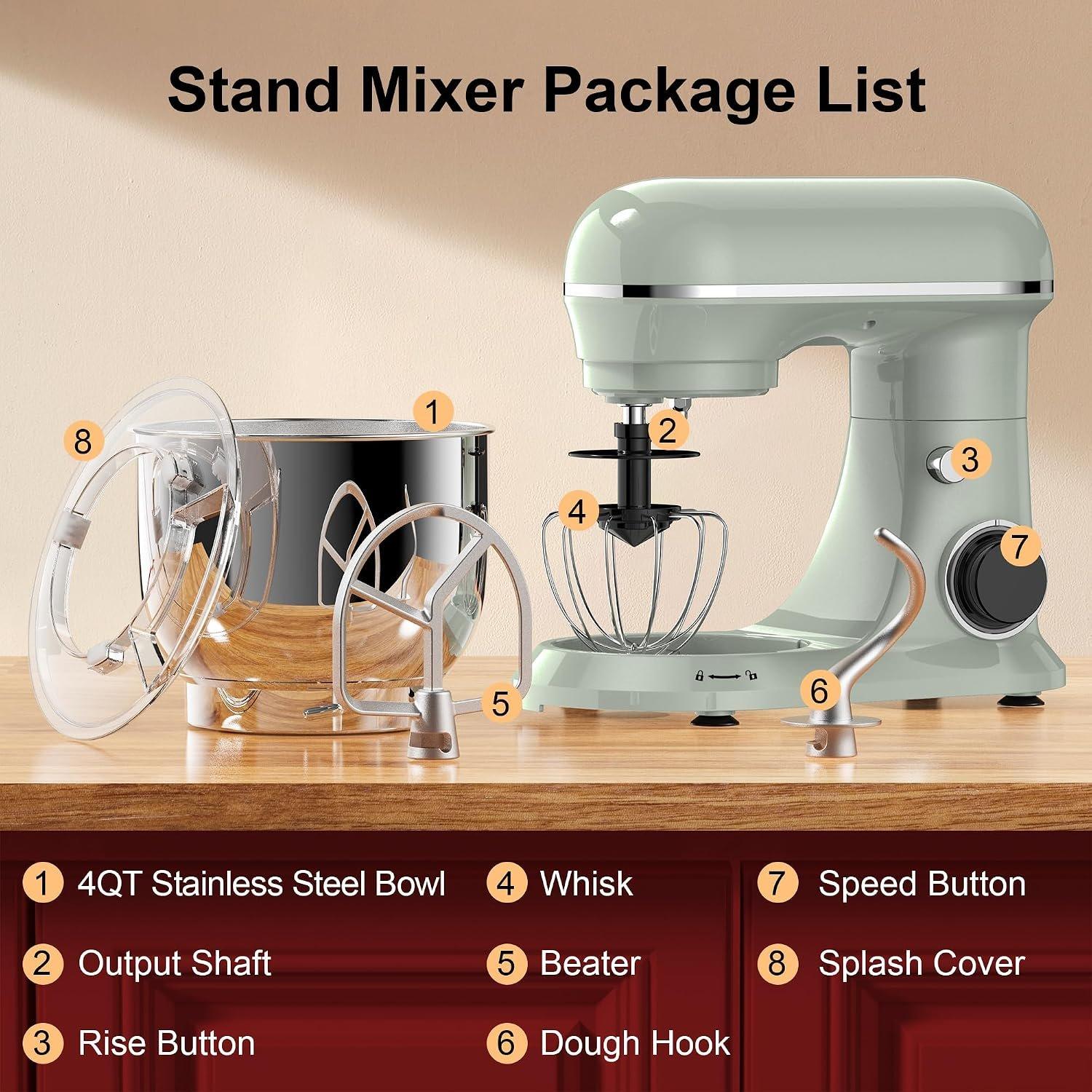 4QT Electric Stand Mixer, 10-Speed Tilt- Compact Kitchen Mixer | Multiple Stylish Colors |  mixer with Dough Hook & Beater & Whisk | for Cake & Bread | Dishwasher-Safe | Green