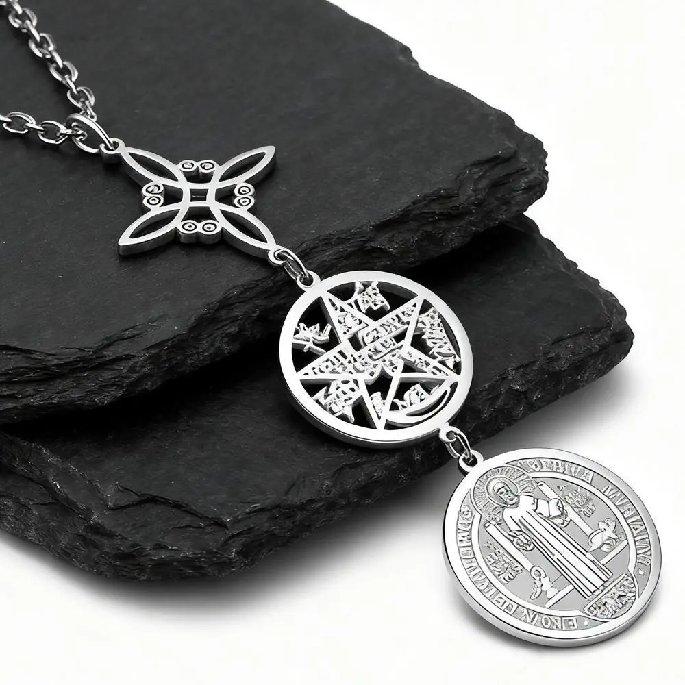 Triple Protection Necklace With Witch Knot Pentagram Tetragrammaton St. Benedict Stainless Steel Spiritual Symbol Amulet Jewerly