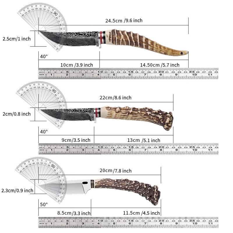 Multi-functional Knife with Angular Handle, Stainless Steel Damascus Pattern Meat Cutting Kitchen Knife, Sharp Fixed Blade Knife with Sheath, Good helper tool for Home Cooking and Outdoor Camping.