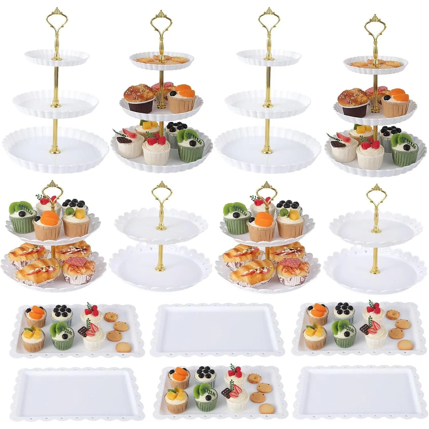 14 count Dessert Table Display Set, Thick Plastic Cupcake Stands, 4 x Three-Tier and 4 x Two-Tier Cupcake Stands, 6 x Appetizer Trays, Ideal for  Party, Wedding, Birthday,  Shower