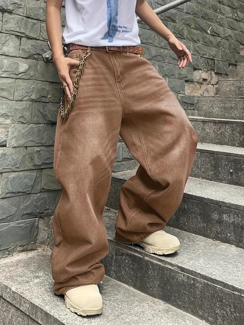 Men's Solid Color Wide-Leg Jeans, Loose, Casual, Stylish and Comfortable Wide-Leg for Daily and Outdoor Wear, Men's Bottoms for All Seasons, Menswear