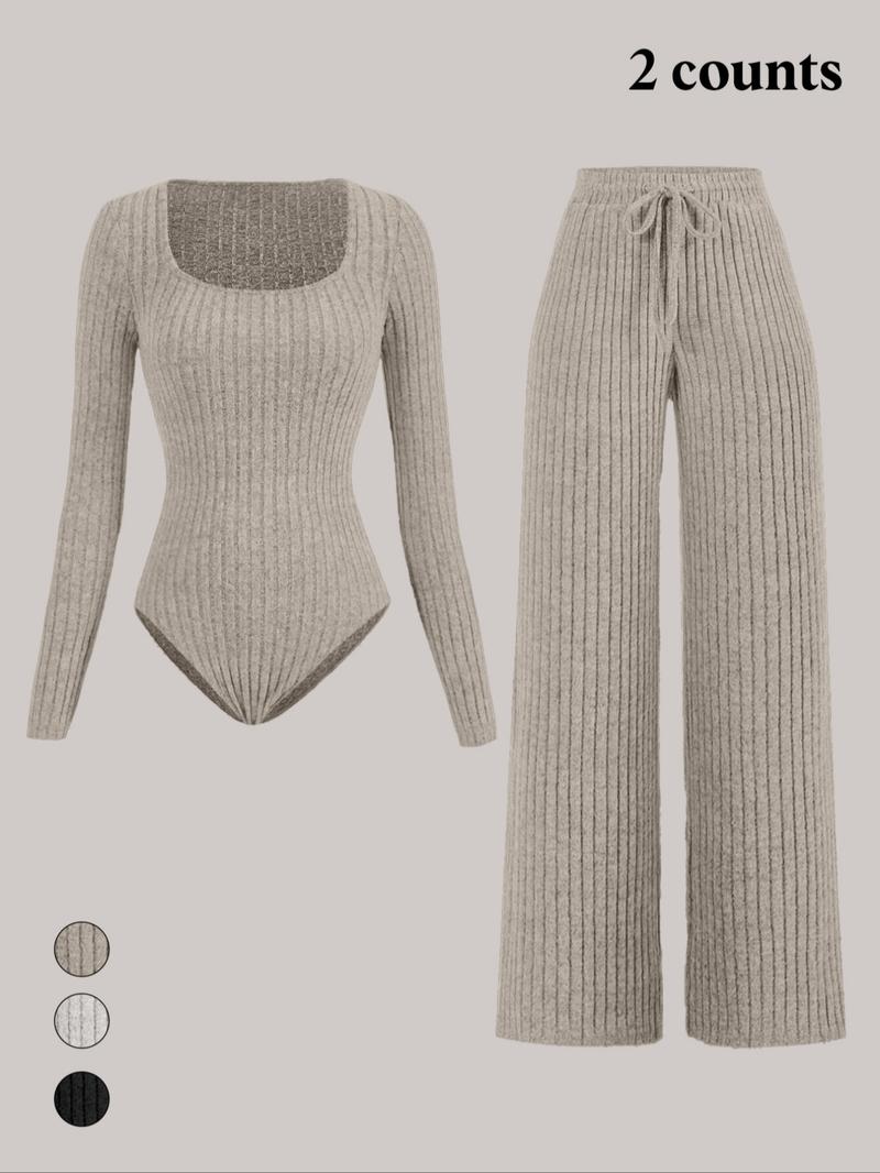 Women's Slim-Fit Solid Color Ribbed Fleece Jumpsuit Set, Wide Leg Pants, Fashionable Comfortable Fabric for Daily Wear