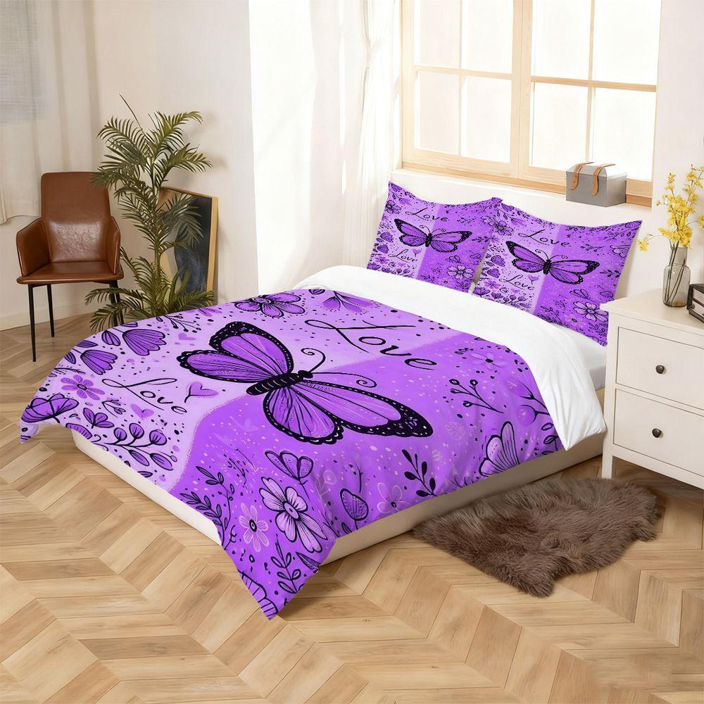 2/3Pcs Whimsical Purple Butterfly Duvet Cover Set, Romantic Floral Design Bedding Set, Soft Microfiber Material, Perfect for Dreamy Bedroom Decor, Love-Themed, Intricate Hand-Drawn Details, Includes 1 or 2 Pillowcase - No filling/Zipper Closure