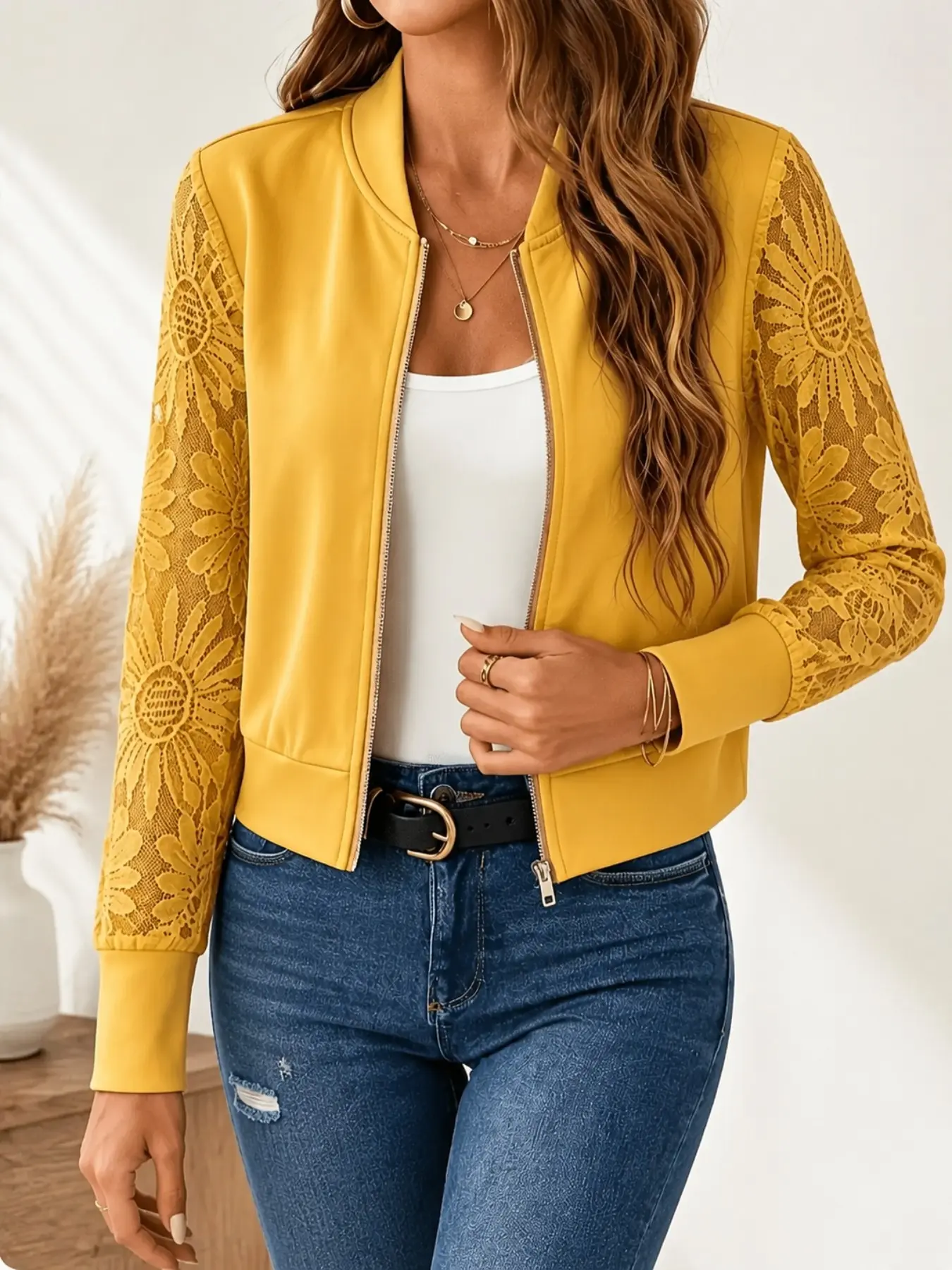 Women's Lace Sleeve Baseball Jacket, Elegant Floral Lace Long Sleeve Zipper Coat, Lightweight Casual Fashion Outerwear, Trendy Fall Winter Style