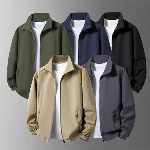Men's Minimalist Solid-Color Lightweight Shell Jacket - Classic Stand Collar, Windproof, Waterproof, Casual Style, Pockets, Layer-Friendly, Zipper, Ideal for Outdoor Activities & Relaxed Looks