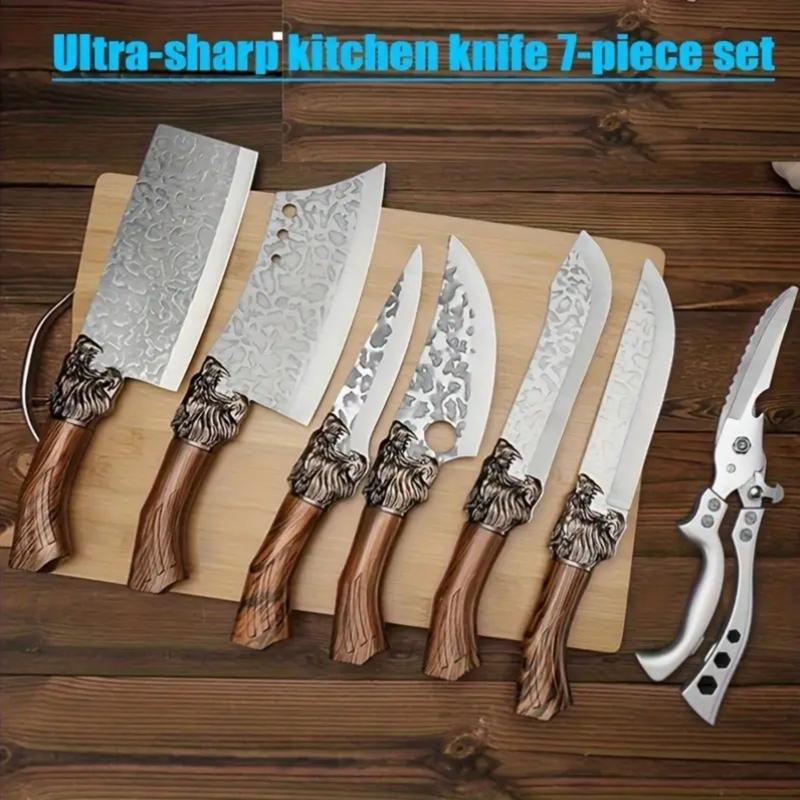7-piece kitchen knife set, ultra-sharp stainless steel chef's knife with block, non-stick rust-proof, ergonomically designed for home and use, universal knife block, ideal for home kitchens.