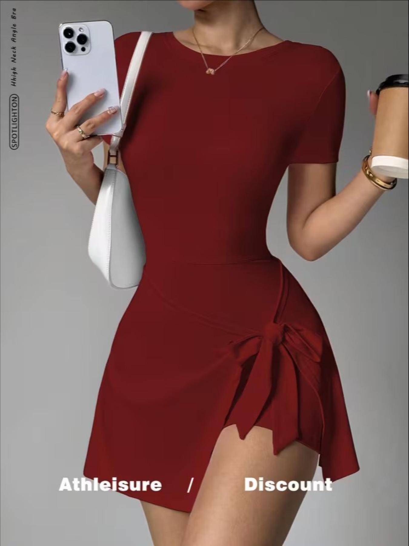 New Plain Short Sleeve Jumpsuit with Tie Waist, Stylish Yoga Tennis Dress for Women, Trendy Sporty Bodysuit for Active Lifestyle, Workout Dress