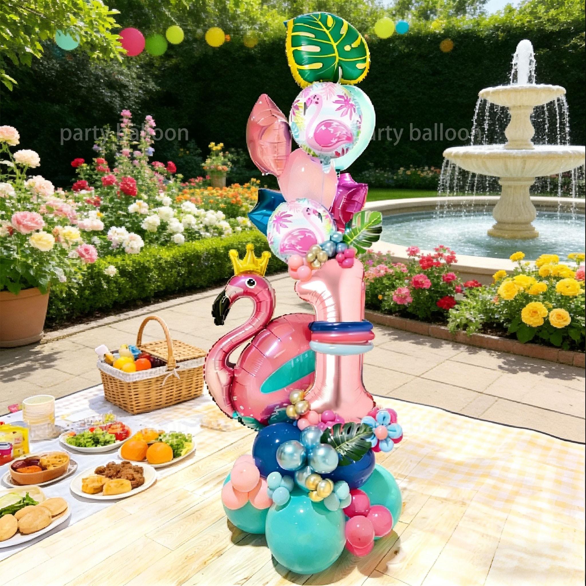 Hawaiian Flamingo Birthday Party Decor Set, Maroon Latex Balloons, Rose Gold Numbers, Outdoor Picnic, Pool Party, Cafe Decoration