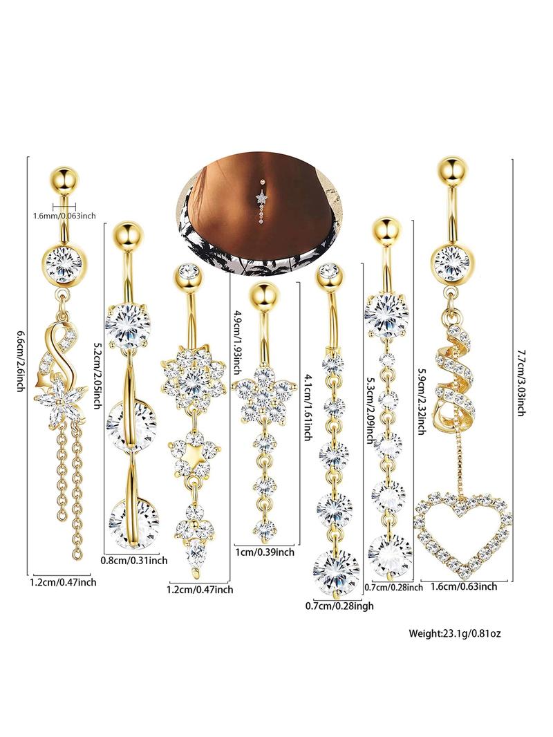 Women's Elegant Rhinestone & Flower & Heart Decor Belly Rings, Exquisite Trendy Belly Piercing Jewelry, Chic Body Jewelry for Party & Daily Decor, Sparkling Zircon Inlay